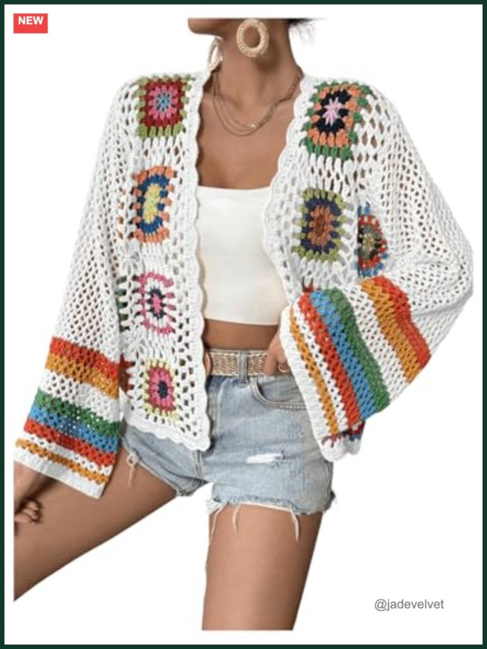 Floral Crochet Open Front Cardigan Sweater Lightweight Long Sleeve V-Neck Loose - Picture 4 of 6